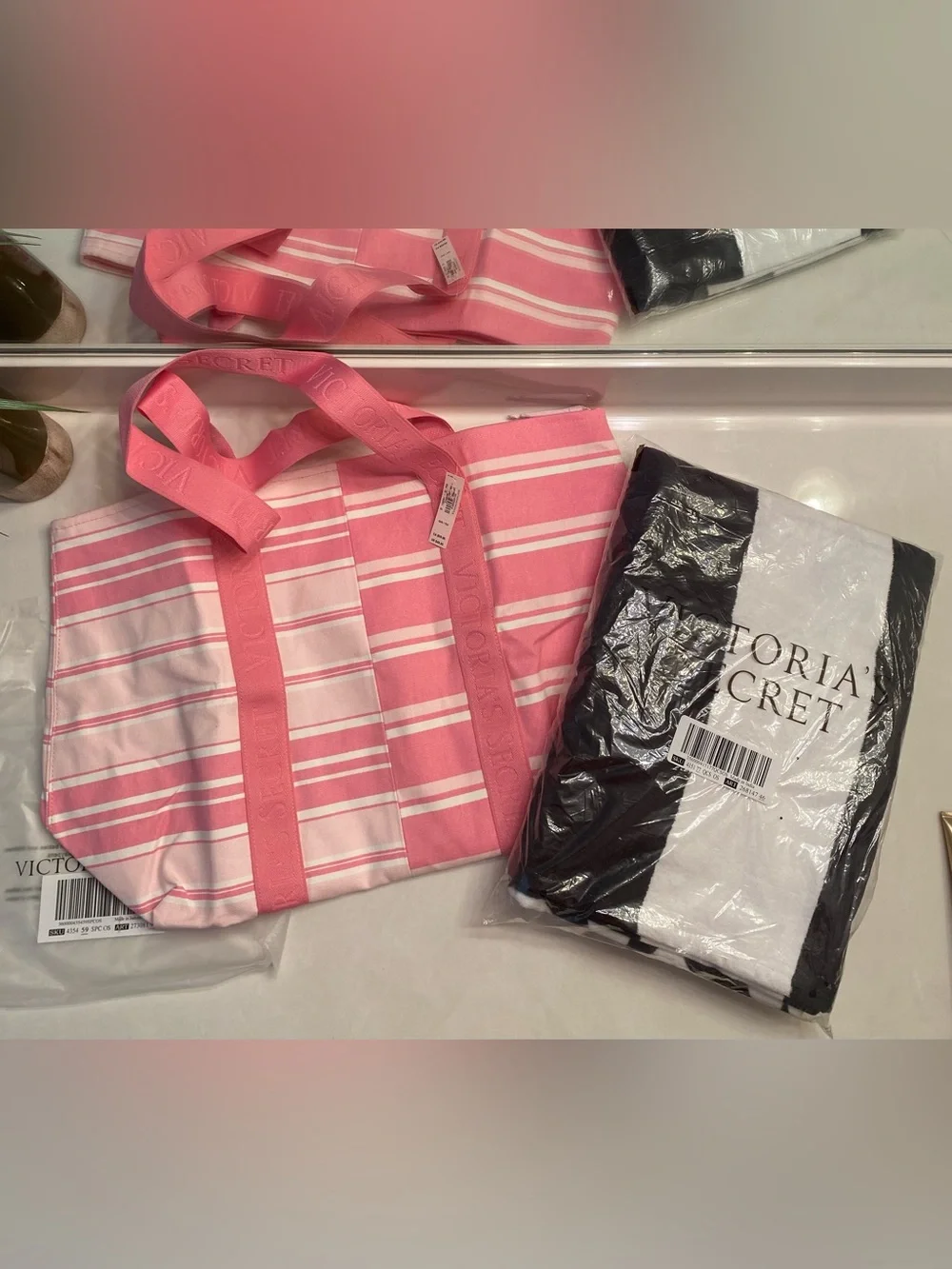Victoria's Secret Pink Stripe Tote Bag and towel